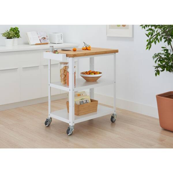 TRINITY 32 in. Bamboo Top Kitchen Cart W/Side Rack White TSCPWH