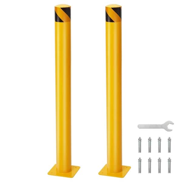 2-Pack 42 Inch Steel Safety Bollard Post, 4.5 Inch Diameter Metal Safety Bollard with 8 Anchor Bolts