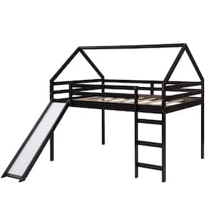 Full Size Loft Bed with Slide, House Bed with Slide - Espresso