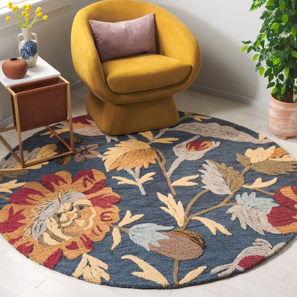 Blossom 6 ft. x 6 ft. Navy/Red Garden Floral Round Area Rug