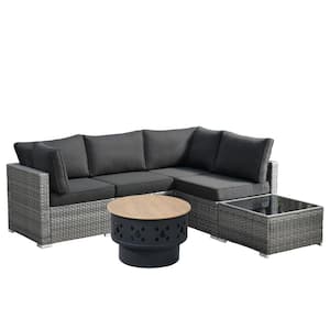 Sanibel Gray 6-Piece Wicker Outdoor Patio Conversation Sofa Set with a Wood-Burning Fire Pit and Black Cushions