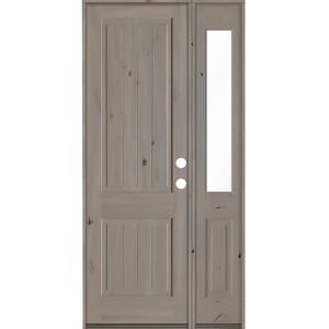 44 in. x 96 in. Rustic Knotty Alder Square Top Left-Hand/Inswing Clear Glass Grey Stain Wood Prehung Front Door w/RHSL