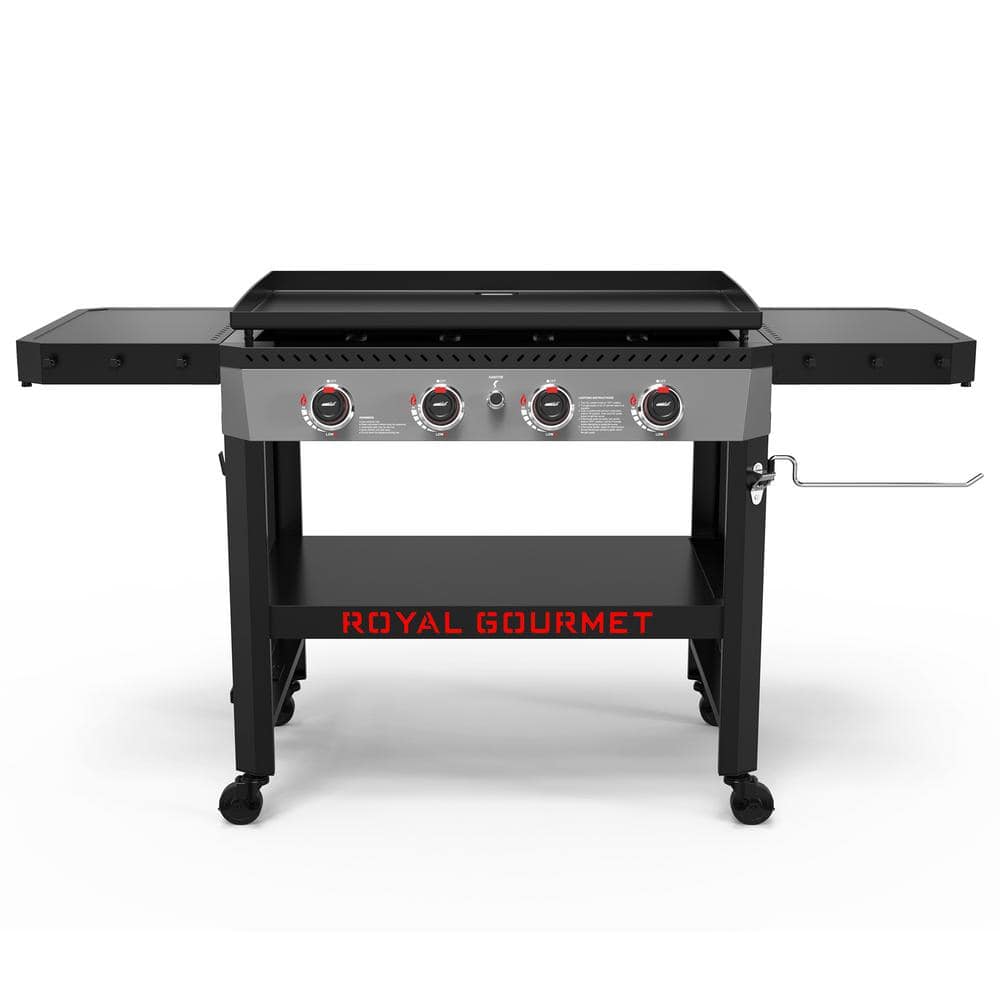 Royal Gourmet 34-in. 4-Burner Propane Gas Griddle with Collapsible Side Shelves and Storage Baskett, 52,000 BTU, Black