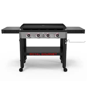 34-in. 4-Burner Propane Gas Griddle with Collapsible Side Shelves and Storage Baskett, 52,000 BTU, Black