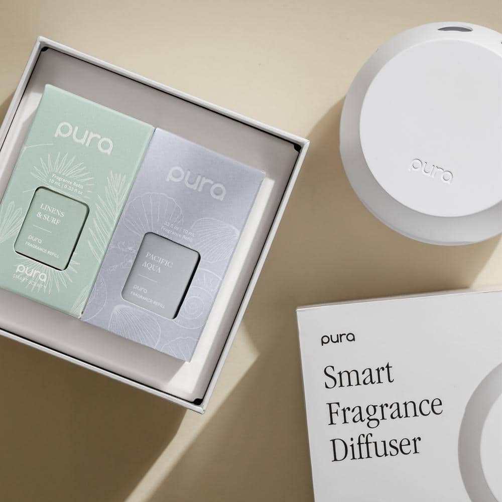 White Smart Home Fragrance Diffuser with Pacific Aqua and Linens & Surf Refills
