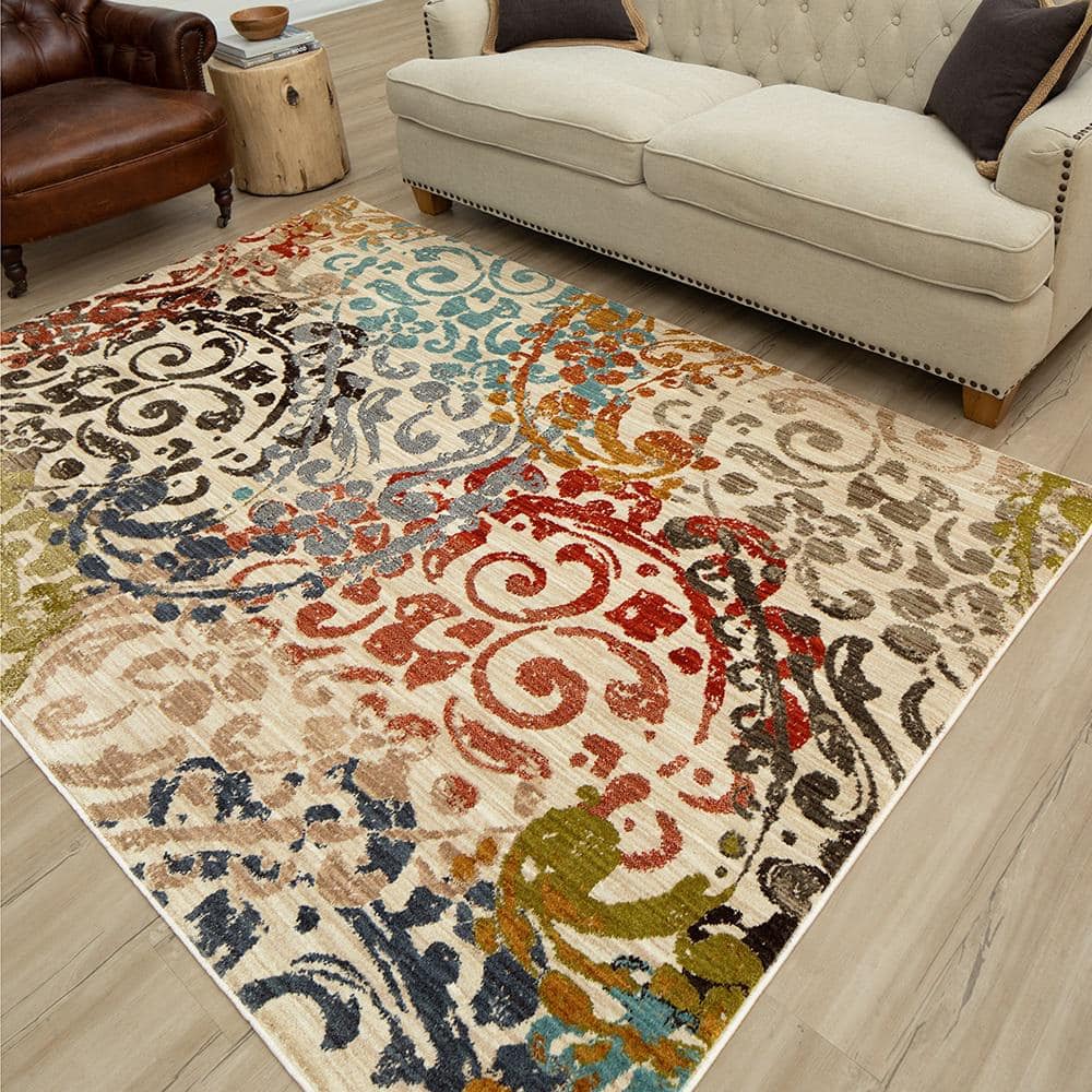 Gray Multicolor Floral Synthetic Stain-Resistant Rectangular Area Rug