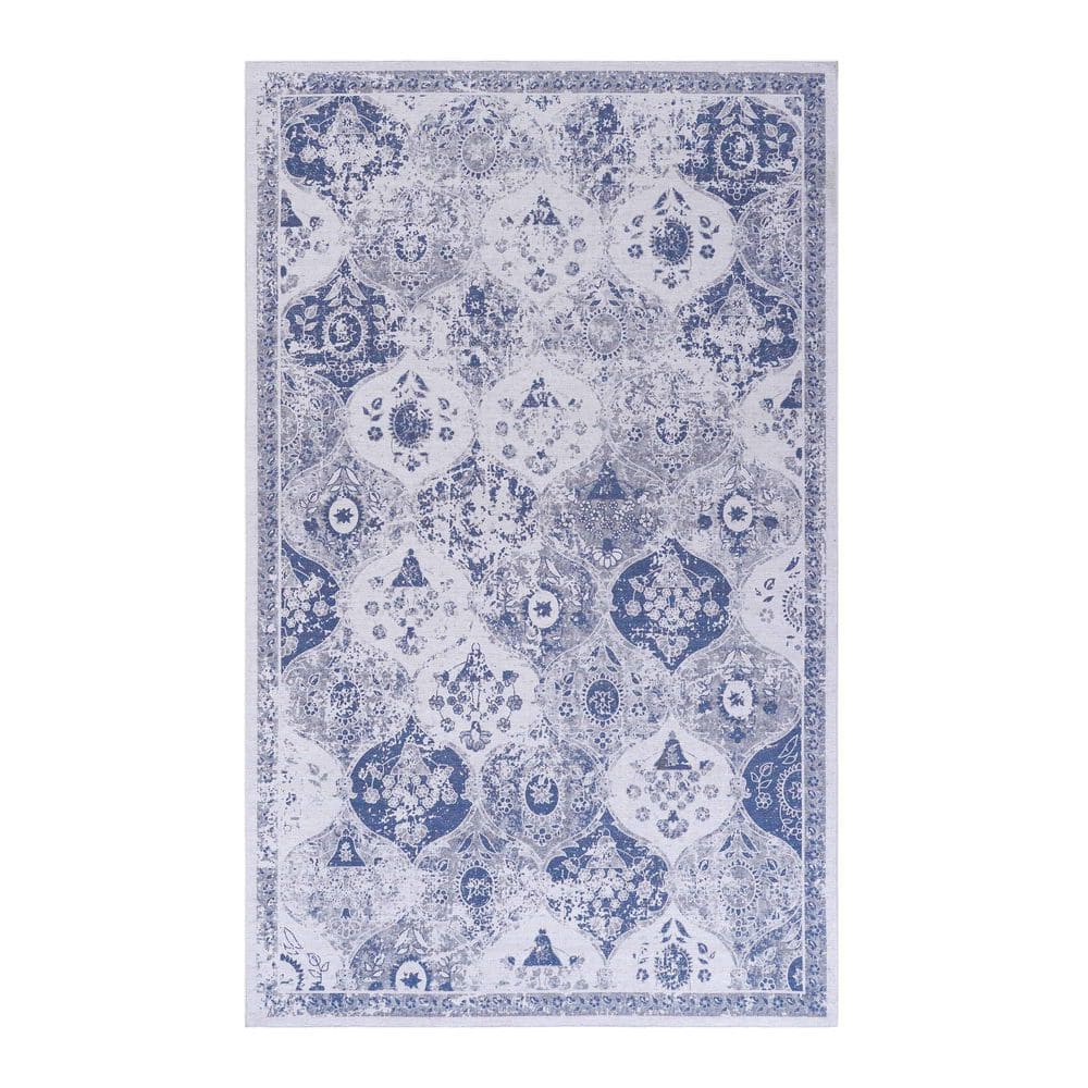 BEEDESIGN NAAR MAVAL Blue Washable Rug 5 ft. x 8 ft. Blue Geometric ...