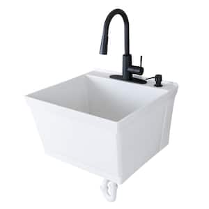 23.5 in. x 22.88 in. White Thermoplastic Wall Mounted Utility Sink with Matte Black Finish Pull-down Sprayer Faucet