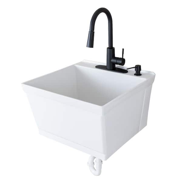 TEHILA 23.5 in. x 22.88 in. White Thermoplastic Wall Mounted Utility Sink with Matte Black Finish Pull-down Sprayer Faucet