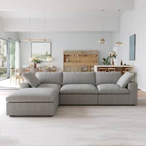 120.3 in. Square Arm Linen L Shaped Free Combination Modular 3-Seater Sectional Sofa with Ottoman in. Gray