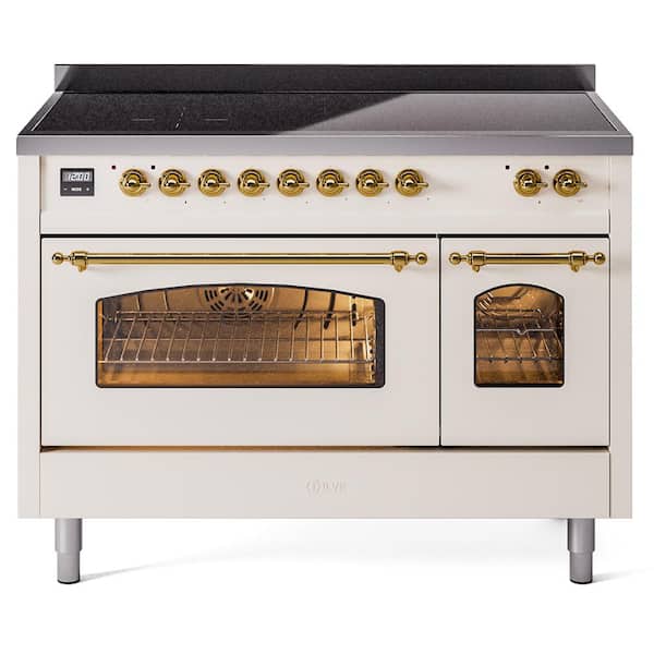ILVE Nostalgie 48 in. 6 Zone Freestanding Double Oven Induction Range in Antique White with Brass Trim