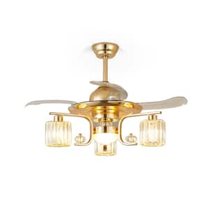 42in. 3-Light Indoor Gold Ceiling Fan with Remote, Modern Crystal Retractable Fandelier for Bedroom, Bulbs Not Included