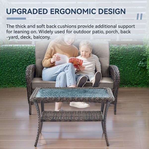 SleekArm 2-Piece Brown Wicker Outdoor Loveseat with Gray Cushions and Coffee Table