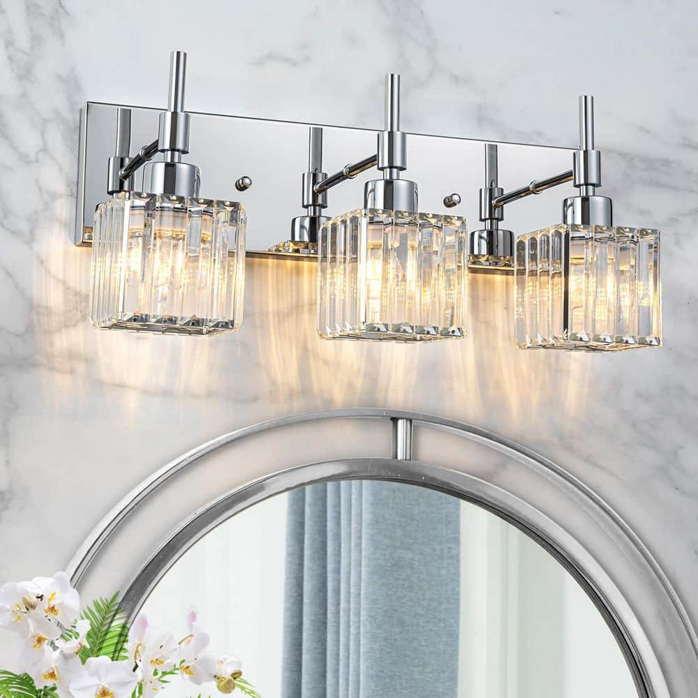 Orillia 19.3 in. 3-Light Chrome Crystal Bathroom Vanity Light with Shades for Bathroom Powder Room Kitchen price history on PriceWatchPro