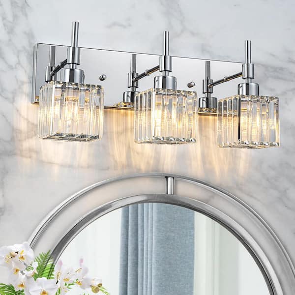 Orillia 19.3 in. 3-Light Chrome Crystal Bathroom Vanity Light with Shades for Bathroom Powder Room Kitchen