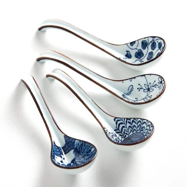 Ceramic Asian Soup Spoon Set with Long Handle, Deep Bowl, Ideal for Ramen Pho Dumplings Noodles, Blue