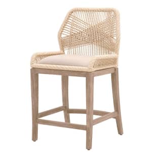 40.5 in. Beige and Brown Full Back Wooden Frame Fabric Upholstered Intricate Rope Weaved Padded Counter Height Bar Stool