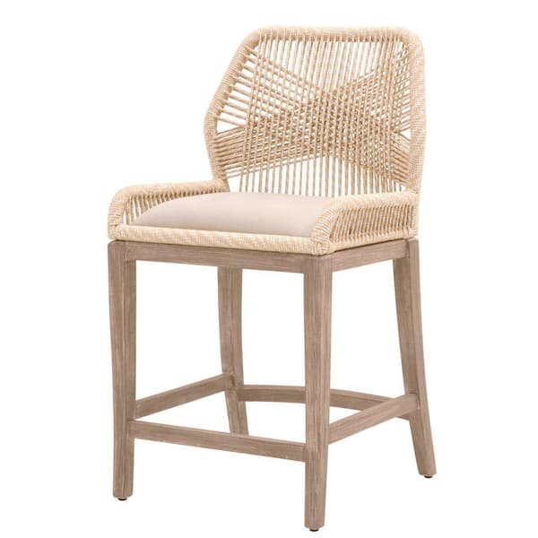 Benjara 40.5 in. Beige and Brown Full Back Wooden Frame Fabric Upholstered Intricate Rope Weaved Padded Counter Height Bar Stool
