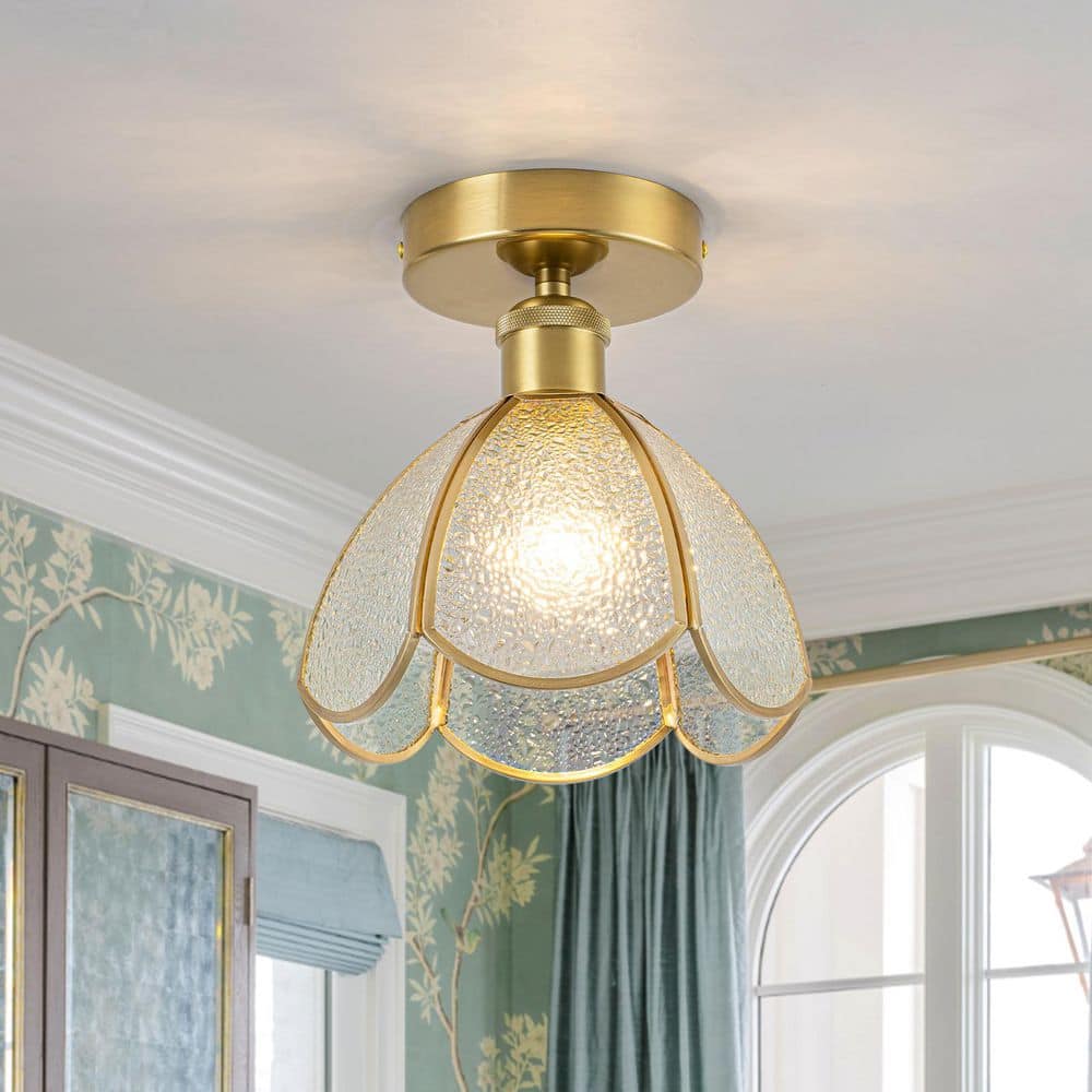 Artisan 6.7 in. Mid-Century Dome Brushed Brass 1-Light Semi-Flush Mount for Foyer Kitchen Dining Room with Glass Shade price history on PriceWatchPro