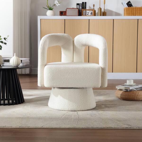 Clihome White Boucle 360° Swivel Cuddle Barrel Accent Chairs, Round Armchairs with Wide Upholstered