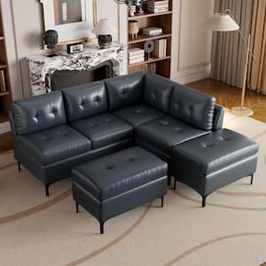 94.88 in. L Shaped Faux Leather Modern Corner Sectional Sofa in Dark Blue with 2-Storage Ottomans
