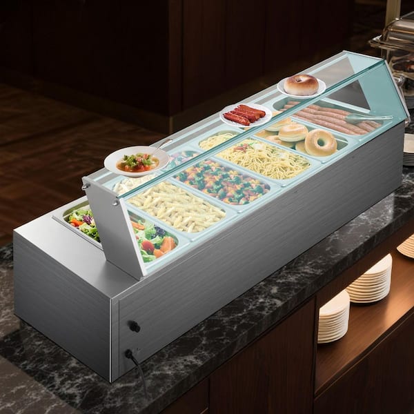 Commercial Food Warmer, 1500W Electric Stainless Steel Steam Table with Glass Lid, Includes 6 x 1/3 Size Pans
