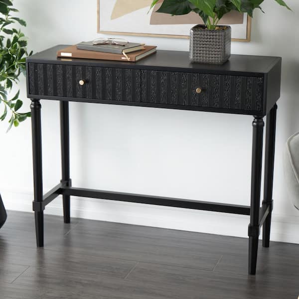 36 in. Black Large Rectangle Wood Handmade 2 Drawer Console Table with Gold Handles