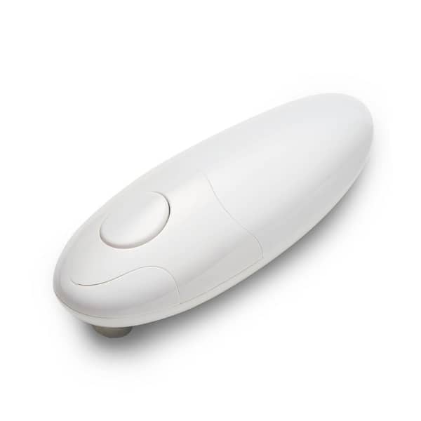 Mini Stainless Steel Auto Electric Can Opener in White, 3-Step to Open Smooth Edge Cans, Hands Free, Battery Needed
