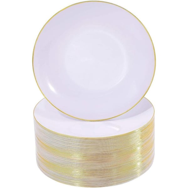 White with Gold Rim 7.5 in Plastic Plates, 100-Pack Disposable Salad & Dessert Plates for Weddings Events
