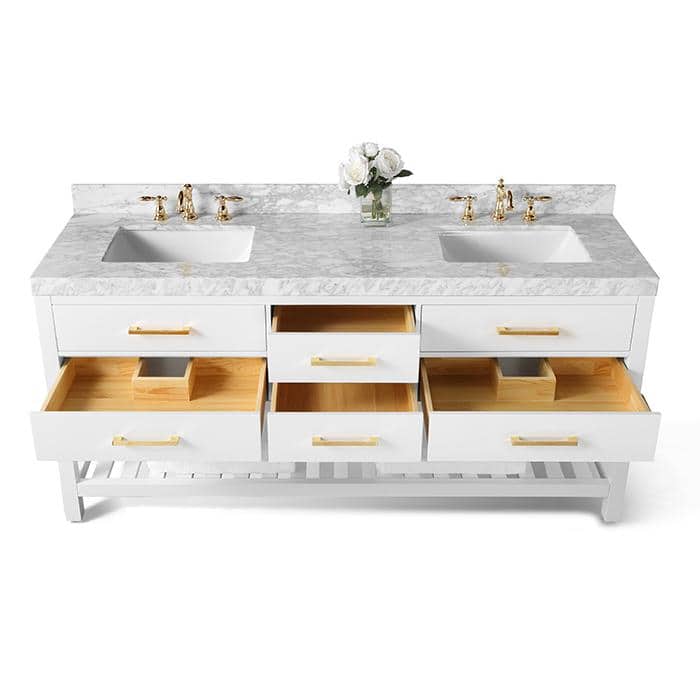 Elizabeth 72" White Double Bathroom Vanity with Gold Hardware