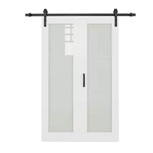 48 in. W. x 80 in. 1-Lite Tempered Frosted Glass White Primed MDF Bifold Sliding Barn Door with Hardware Kit