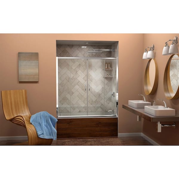 Visions 56 in. - 60 in. W x 58 in. H Sliding Semi-Frameless Bathtub Door in Chrome