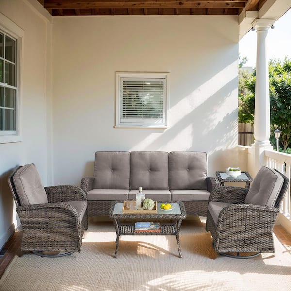 moosprr Flatarmrest 5-Piece Brown Wicker Patio Conversation Set with Olefin Gray Cushion/Couch/Patio Swivel Chairs