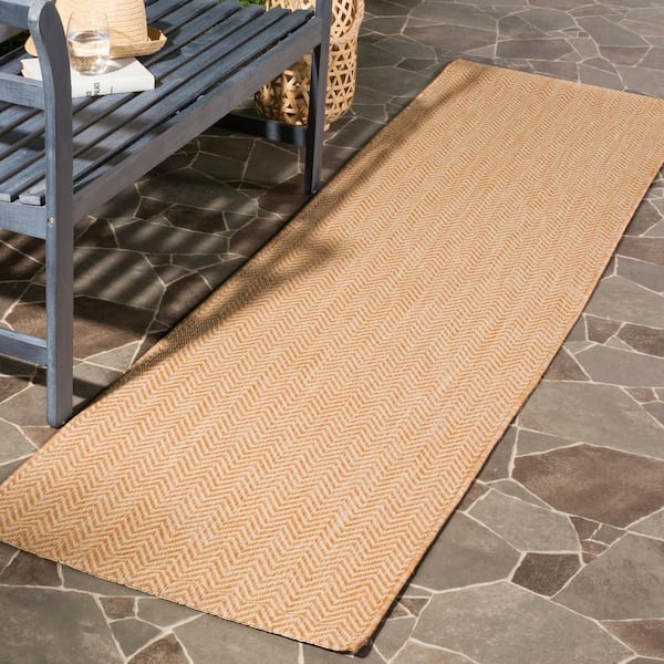 Courtyard Natural/Cream 2 ft. x 12 ft. Solid Color Chevron Indoor/Outdoor Runner Rug