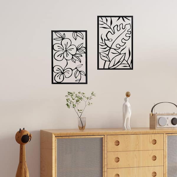 Avex 3-piece 15.7 in. x 11.8 in. Black Floral Hollow Out Abstract Design Wall Architectural Decor Set