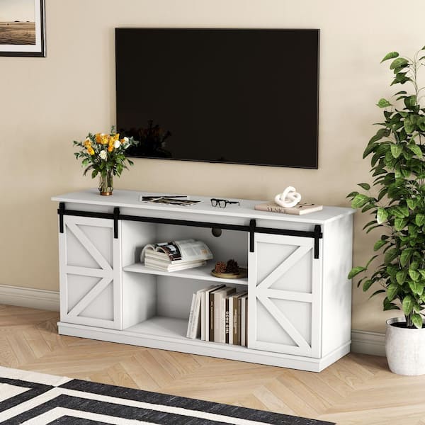 Uixe 58 in. White Rectangular TV Stand Entertainment Center Fits TV's up to 60 in. with Sliding Barn Door