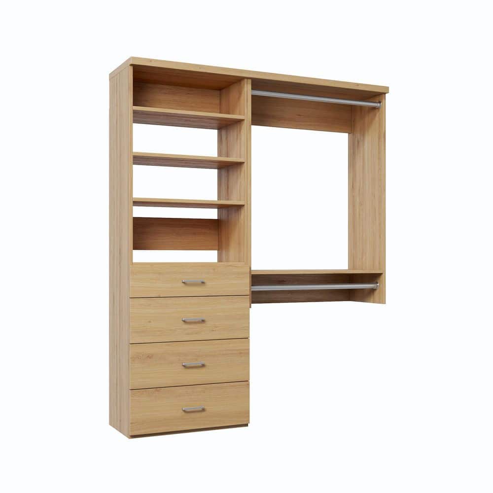 45 in. W Natural Oak Reach-in Wall-Mount 2-Rod 4-Slab-Drawers 4-Shelf Wood Closet System