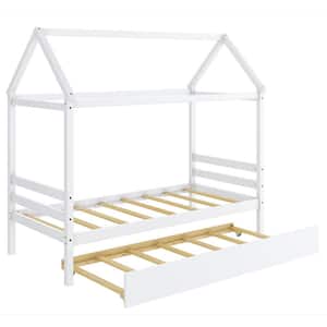 White Wooden Frame Twin Size House Platform Bed with Trundle Roof Platform Mattress Foundation