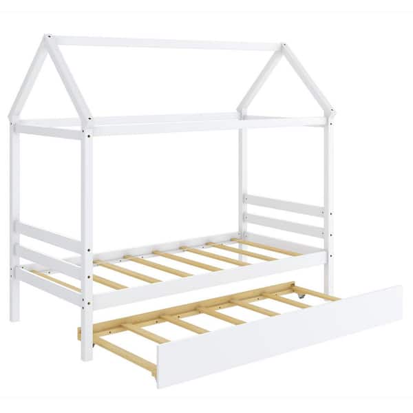 ANGELES HOME White Wooden Frame Twin Size House Platform Bed with Trundle Roof Platform Mattress Foundation