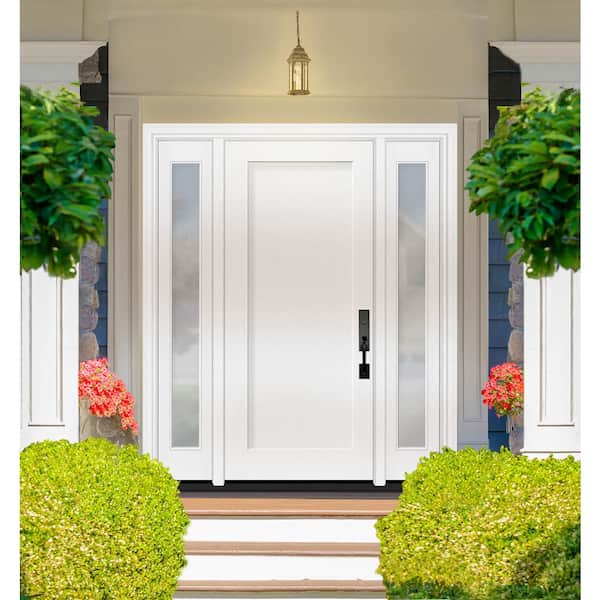Legacy 60 in. x 80 in. 1-Panel Shaker LHIS Unfinished White Fiberglass Prehung Front Door w/Clear 10 in.SLs 4-9/16 Jamb