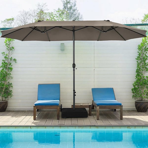 15 ft Double-Sided Patio Umbrella Market Twin Umbrella w/Enhanced Base Coffee