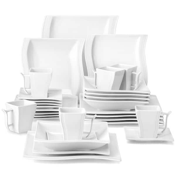 30-Piece Porcelain Dinnerware Set with Square Dinner Plate, Dessert Plate, Soup Plate, Cup and Saucer, White (Set for 6)