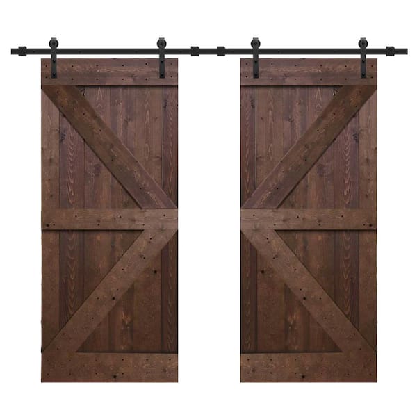 K Series 72 in. x 84 in. Walnut Assembly Required Solid Wood Double Interior Sliding Barn Doors with Hardware Kit