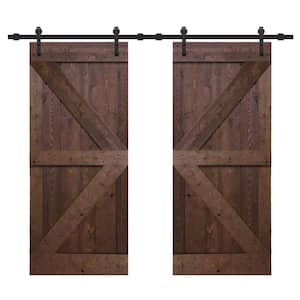 K Series 72 in. x 84 in. Walnut Stain Solid Knotty Pine Wood Double Interior Sliding Barn Doors with Hardware Kit