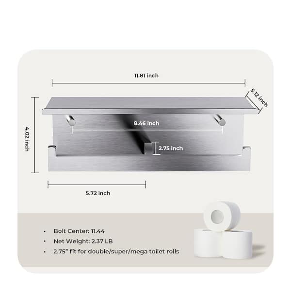 Double Toilet Paper Holder with Shelf in Brushed Nickel, Wall Mount Stainless Steel Commercial Toilet Paper Dispenser