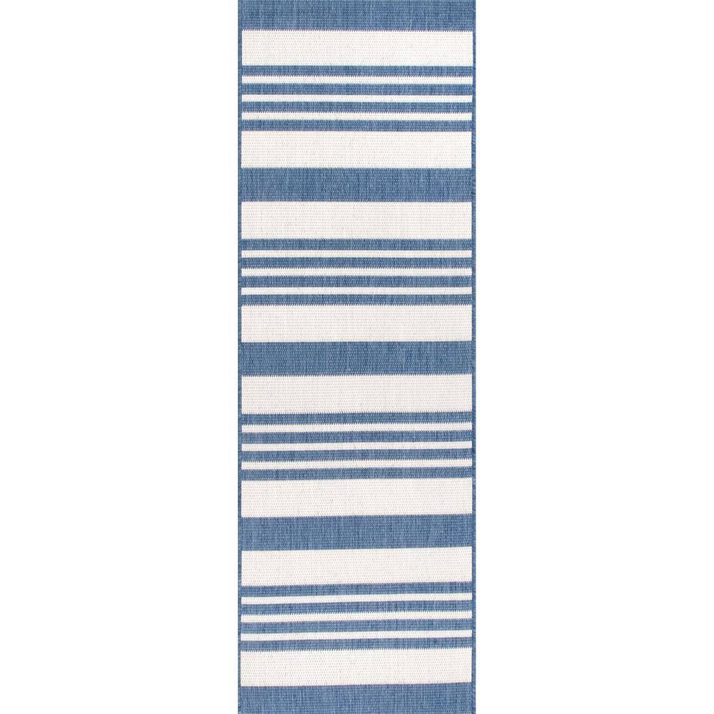 Blue Striped Synthetic Indoor/Outdoor Runner Rug 2x10 Feet