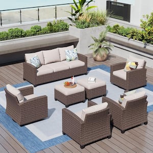 Brown Rattan Wicker 9 Seat 7-Piece Steel Outdoor Patio Conversation Set with Beige Cushions,2 Swivel Chairs,2 Ottomans