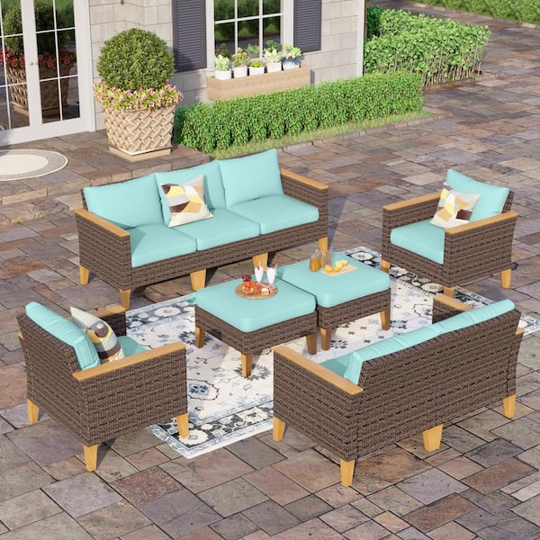 PHI VILLA Brown Rattan Wicker 9-Seat 9-Piece Steel Outdoor Sectional Set and 2-Ottomans with Blue Cushions