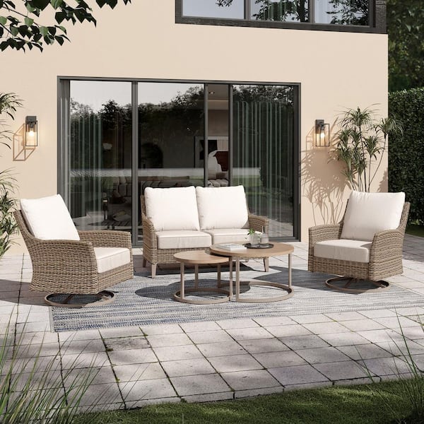 Holly Cove 5-Piece Wicker Patio Conversation Set with CushionGuard Almond Cushions