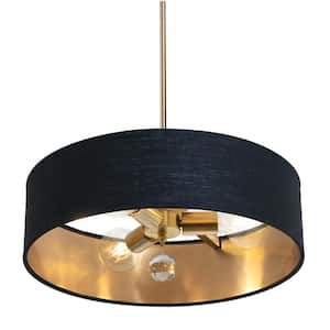 Celine 60-Watt 3-Light Satin Brass Shaded Pendant Light with Fabric Shade and No Bulbs Included